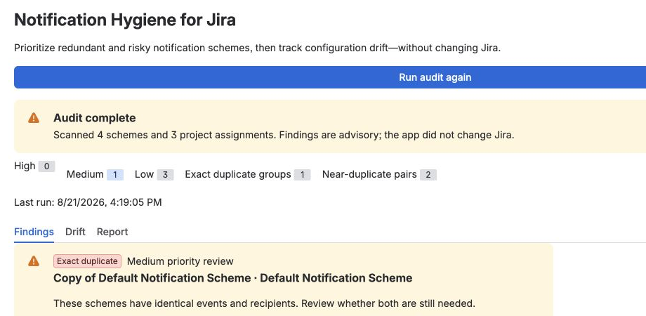 Notification Hygiene audit overview showing priority totals and an exact-duplicate notification-scheme finding