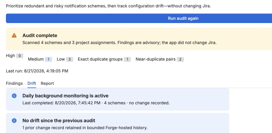 Notification Hygiene Drift tab showing the daily scan status and bounded change history